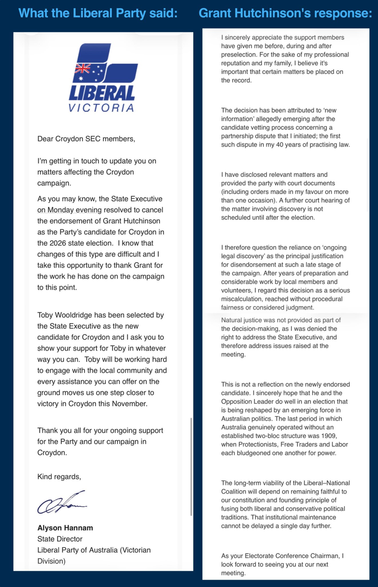 Composite showing a Liberal Party communication to Croydon members and Grant Hutchinson's written response